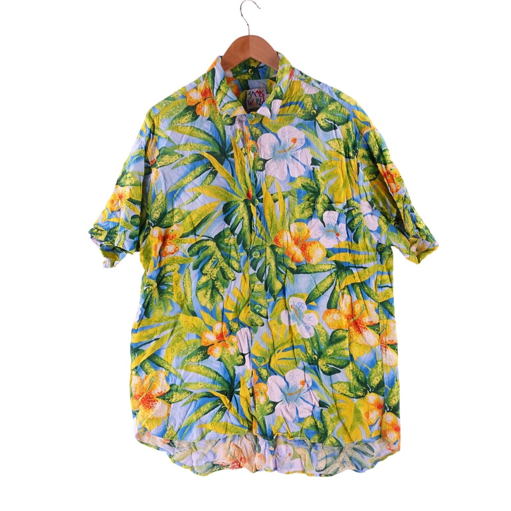 Vintage Jams World Mens Large Tropical Floral Button Down Shirt‎ Blue Yellow L